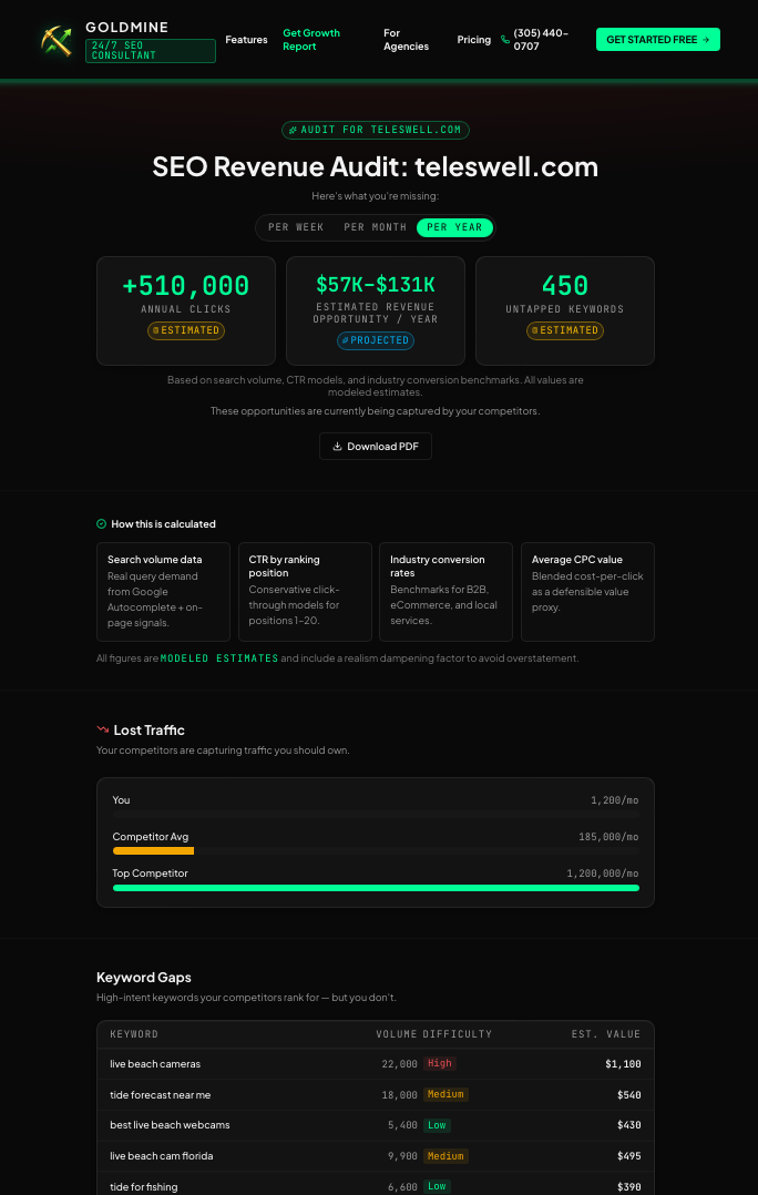 Sample GOLDMINE Search Growth Report for teleswell.com showing estimated clicks, modeled revenue opportunity and keyword gaps